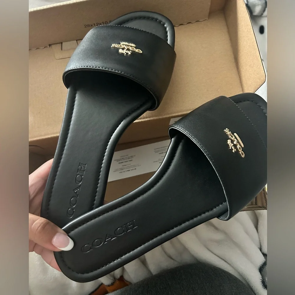 Coach Black Leather Slide Sandals - Picture 3 of 4